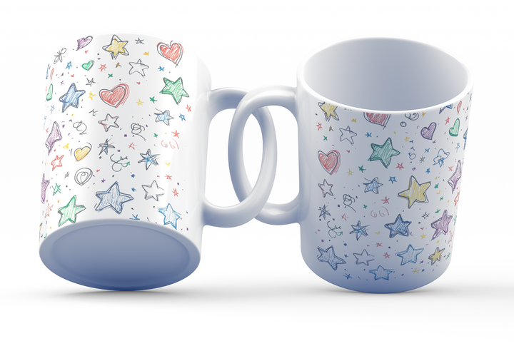 Playful Stars and Hearts Ceramic Coffee Mug, 11 oz Full-Wrap Colorful Sketch Design, Dishwasher and Microwave Safe Mug for Whimsy and Creativity, Inspired by Nature