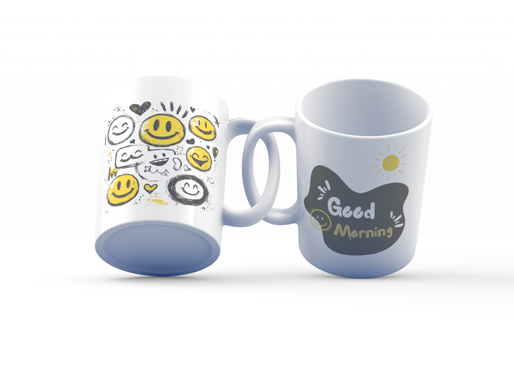 Good Morning Smiley Mug Set | Fun Smiley Face & Good Morning Design | Cheerful 11oz Coffee Mugs