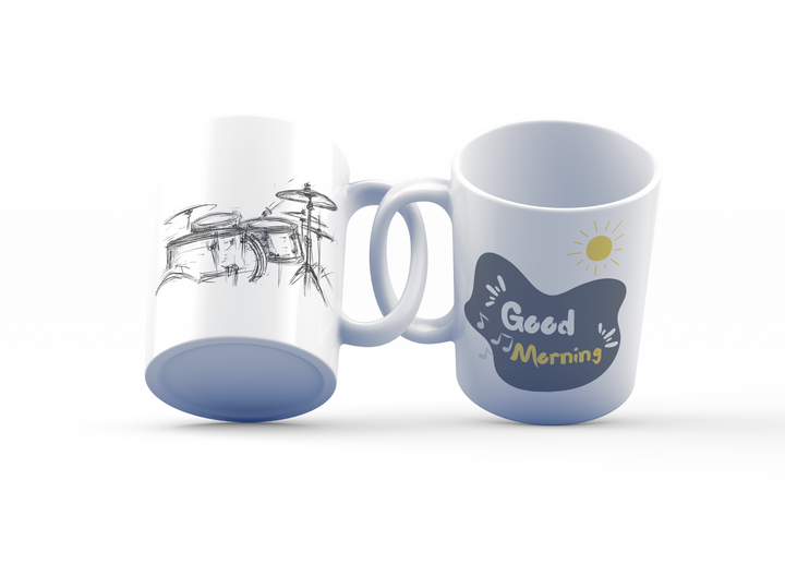 Good Morning Drum Set Mug Collection | Sketch-Style Drum Kit & Good Morning Design | 11oz Coffee Mugs for Drummers