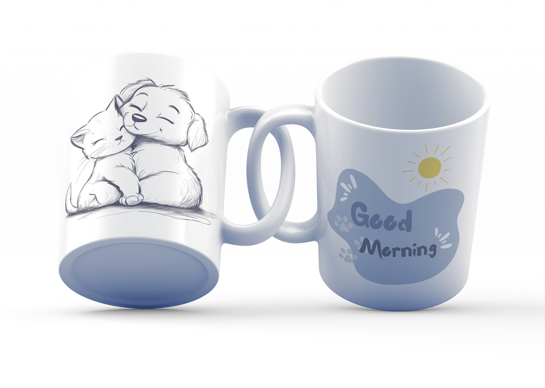 Adorable Pets Good Morning Ceramic Coffee Mug, 11 oz Double-Sided Mug with Cute Puppy and Kitten Illustration and "Good Morning" Design, Dishwasher and Microwave Safe Mug for Animal Lovers, Inspired by Nature