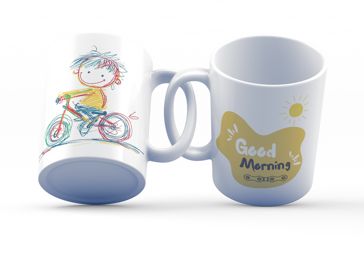 Cycling Enthusiast Ceramic Coffee Mug, 11 oz Double-Sided Mug with Playful Biker and "Good Morning" Design, Dishwasher and Microwave Safe Ceramic Mug for Active Lifestyles, Inspired by Nature