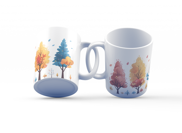 Vibrant Autumn & Winter Trees Mug Set | Colorful Seasons Design | Cozy Coffee Mugs for Nature Lovers