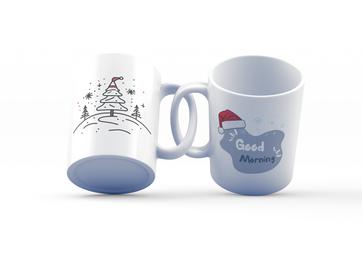 Festive Good Morning Mug Set | Christmas Tree & Santa Hat Design | Holiday Cheer for Coffee Lovers