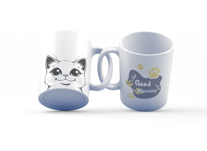 Good Morning Cat Mug Set | Adorable Cat Face & Paw Print Design | Perfect for Cat Lovers