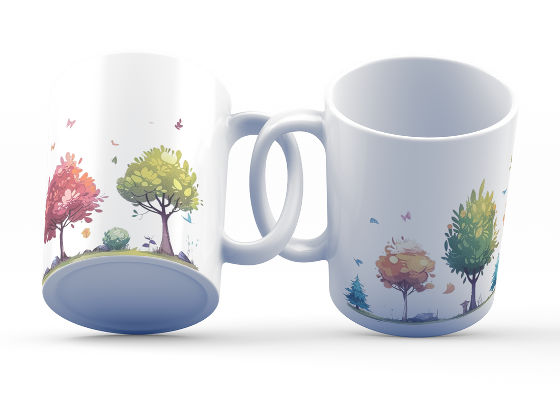 Whimsical Forest Mug with Butterflies - 325ml (11oz) White Ceramic Coffee Cup with Colorful Trees and Butterfly Design, Perfect Gift for Nature Dreamers