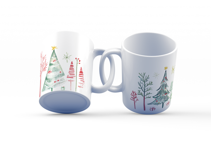 Festive Christmas Tree Mug Set | Hand-Drawn Holiday Design | Perfect Gift for Christmas Lovers