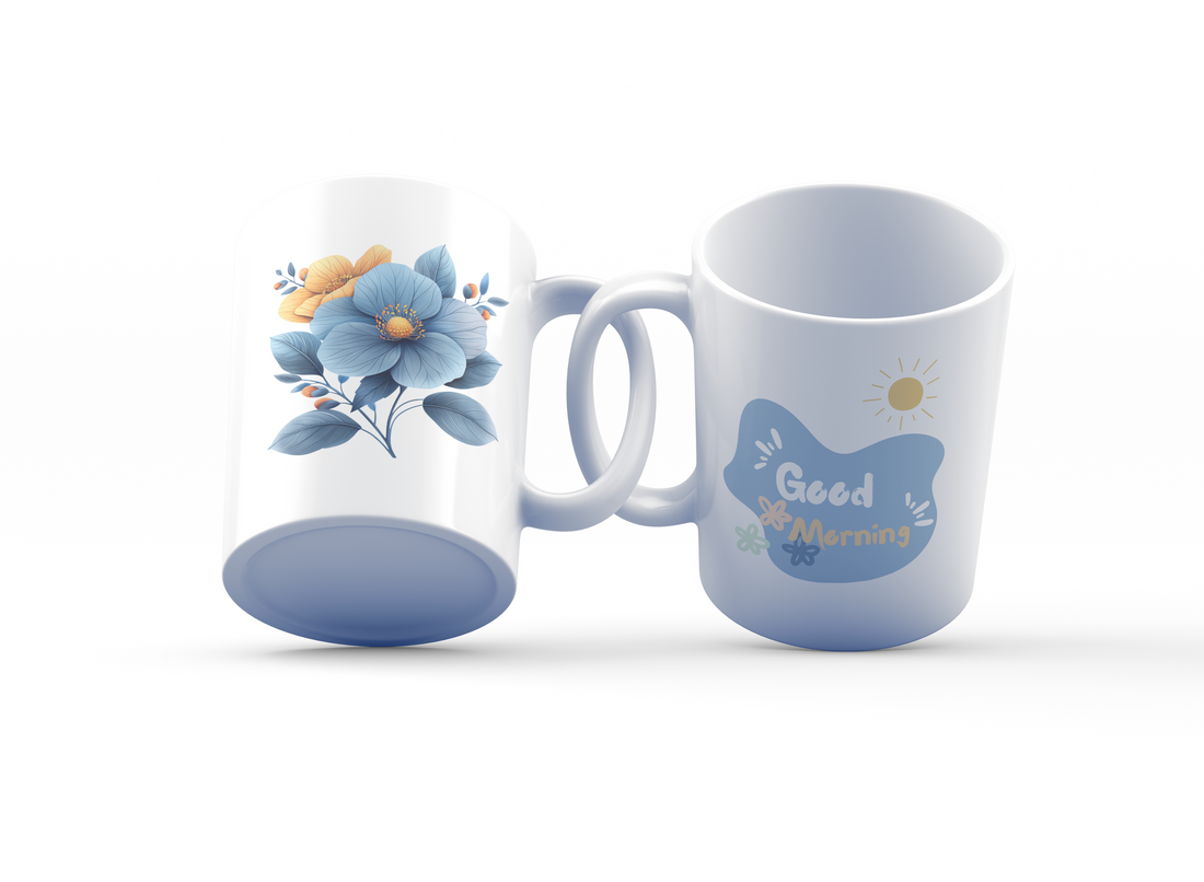 Good Morning & Floral Blue Mug Set | Elegant Flower Design | Perfect Gift for Nature Lovers