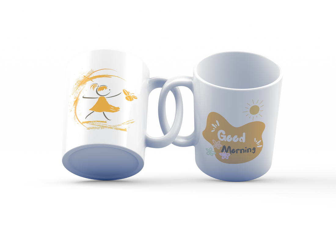 Good Morning & Happy Girl Mug Set | Playful Stick Figure Design | Cheerful Coffee Mug Gift