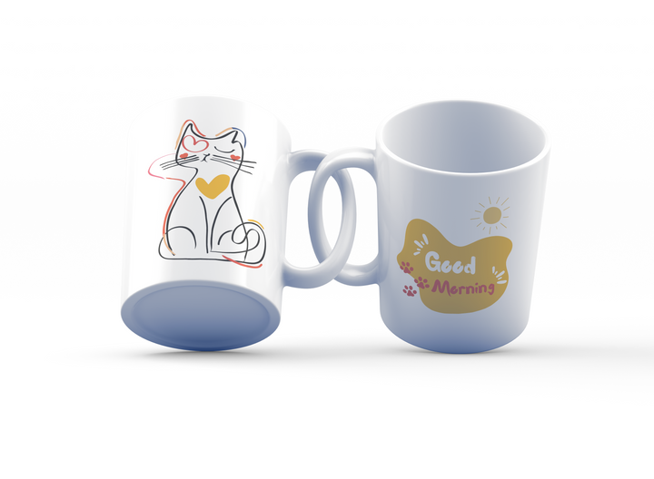 Good Morning & Playful Cat Mug Set | Cheerful Cat Lover Gift | Fun Coffee Mug Duo