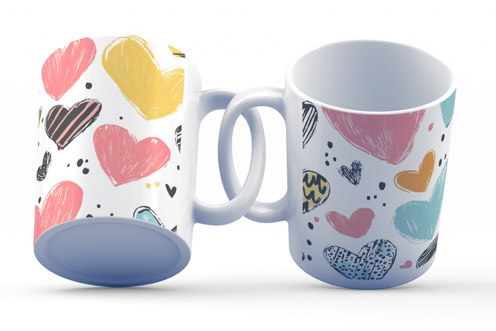 💕✨ “Wild Hearts Symphony” – 325ml (11oz) Premium White Ceramic Coffee Mug – Playful Hand-Drawn Heart Pattern in Pink, Yellow, Black & Blue – Perfect Gift for Romantics, Dreamers, and Love Enthusiasts 💖🌈