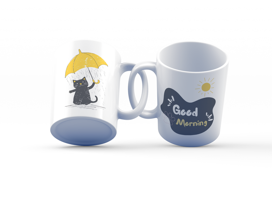 Good Morning & Umbrella Cat Mug Set | Playful Cat Design | Cute Gift for Cat Lovers