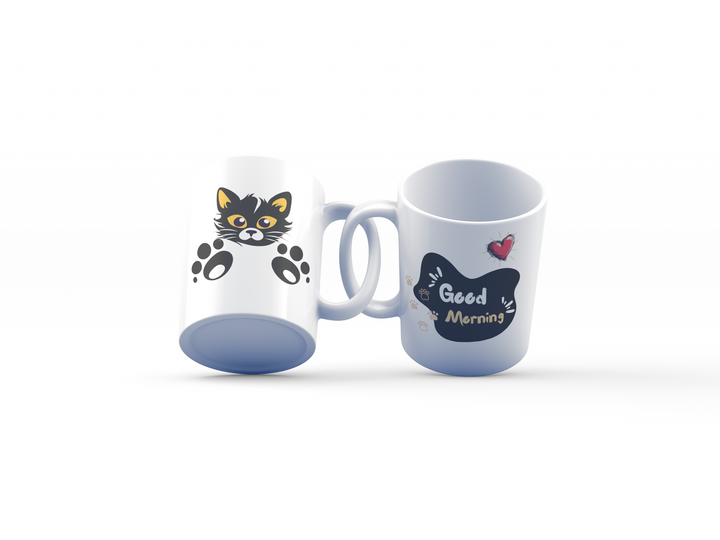 Good Morning Cat Mug – 11oz Ceramic Mug with Playful Kitty Design – Cute Black Cat and Heart Artwork – Ideal Gift for Cat Lovers – Microwave and Dishwasher Safe