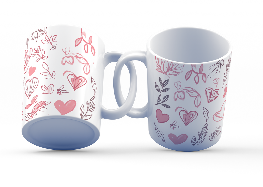 🌸💖 “Whispers of Love & Leaves” – 325ml (11oz) Premium White Ceramic Coffee Mug – Minimalist Hand-Drawn Heart & Botanical Pattern in Blush Pink and Black – Romantic Mug for Nature Lovers, Dreamers, and Gentle Souls 🌿✨