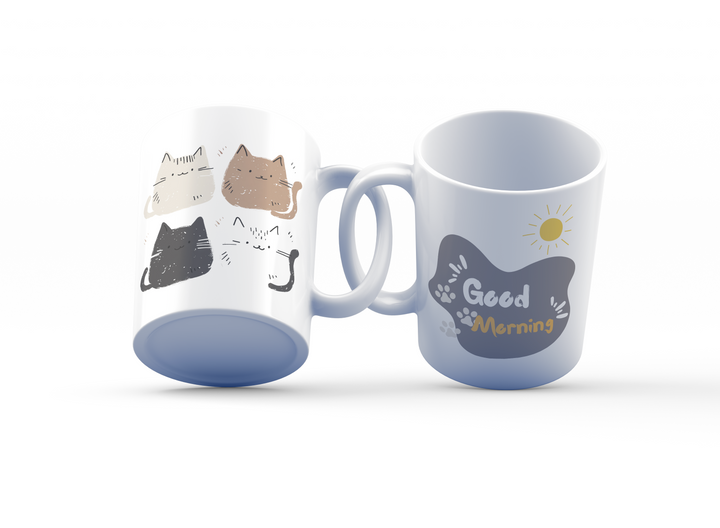 Cute Cat & Good Morning Mug Set | Adorable Gift for Coffee Lovers | Morning Vibes