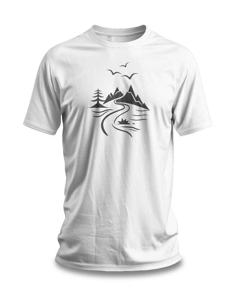 A white t-shirt featuring a minimalist black-and-white illustration of a mountain range, a river, and birds.