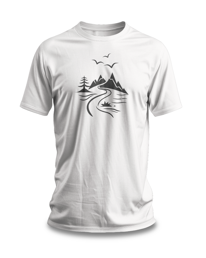 A white t-shirt featuring a minimalist black-and-white illustration of a mountain range, a river, and birds.