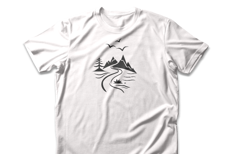 A white t-shirt featuring a minimalist black-and-white illustration of a mountain range, a river, and birds.