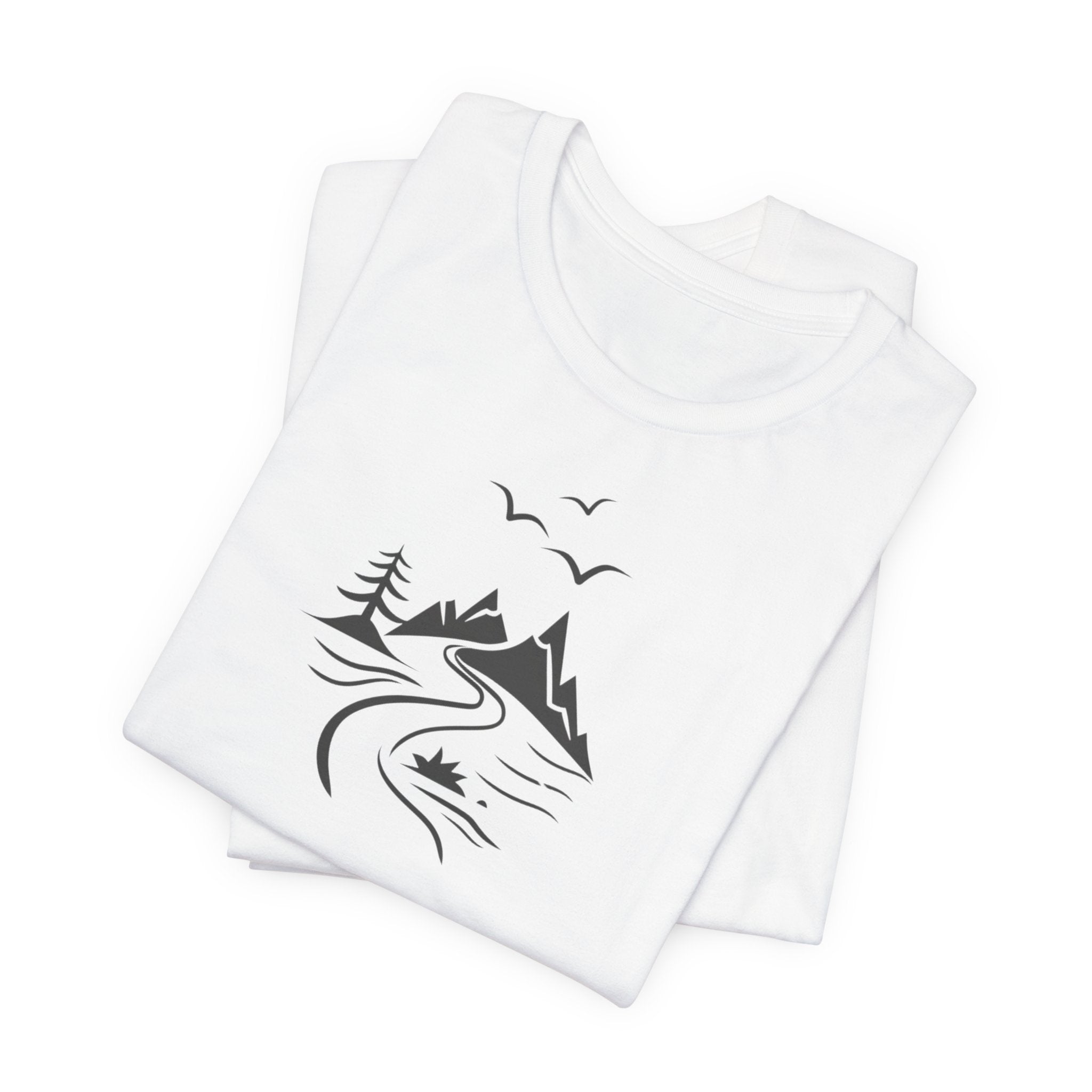 A white t-shirt featuring a minimalist black-and-white illustration of a mountain range, a river, and birds.
