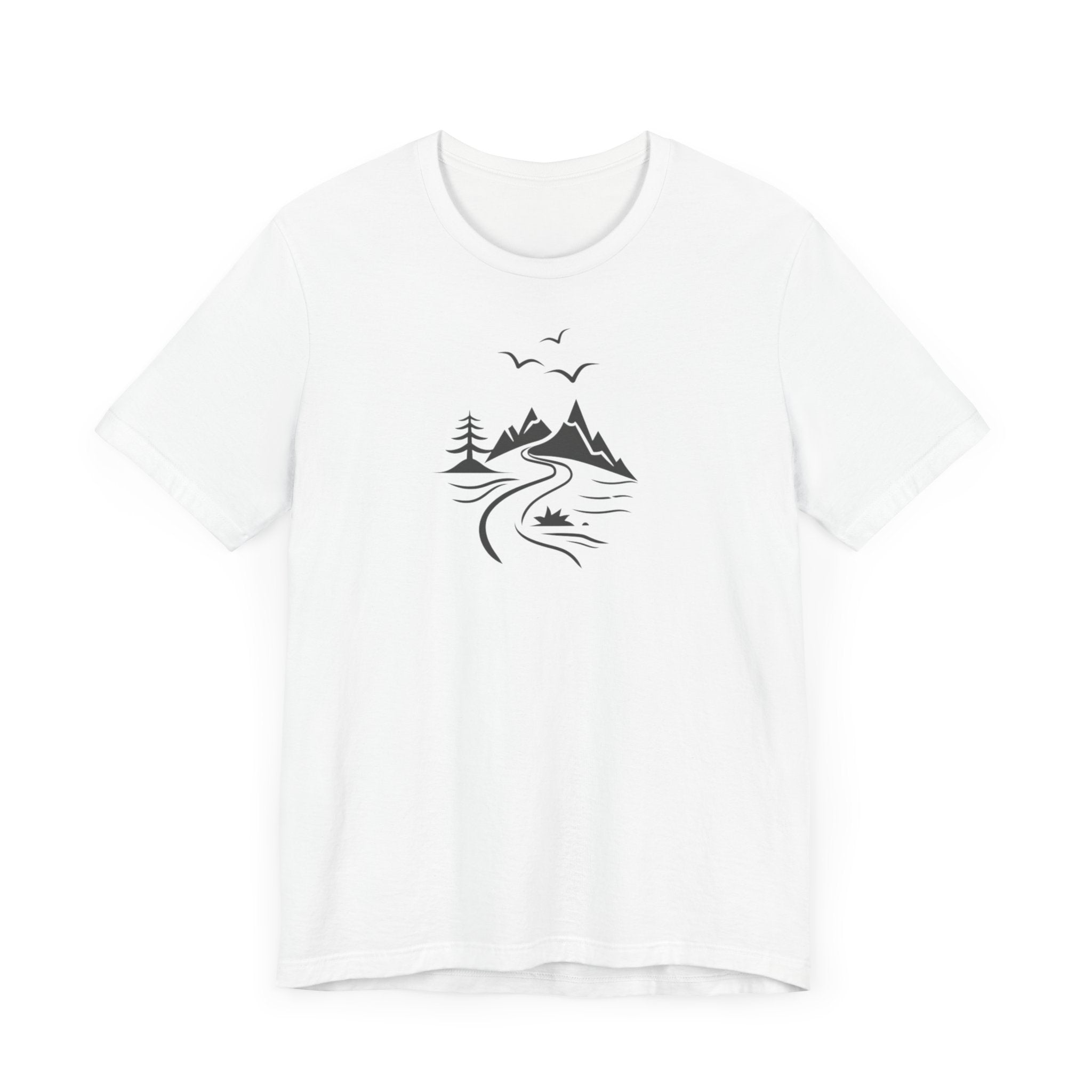 A white t-shirt featuring a minimalist black-and-white illustration of a mountain range, a river, and birds.
