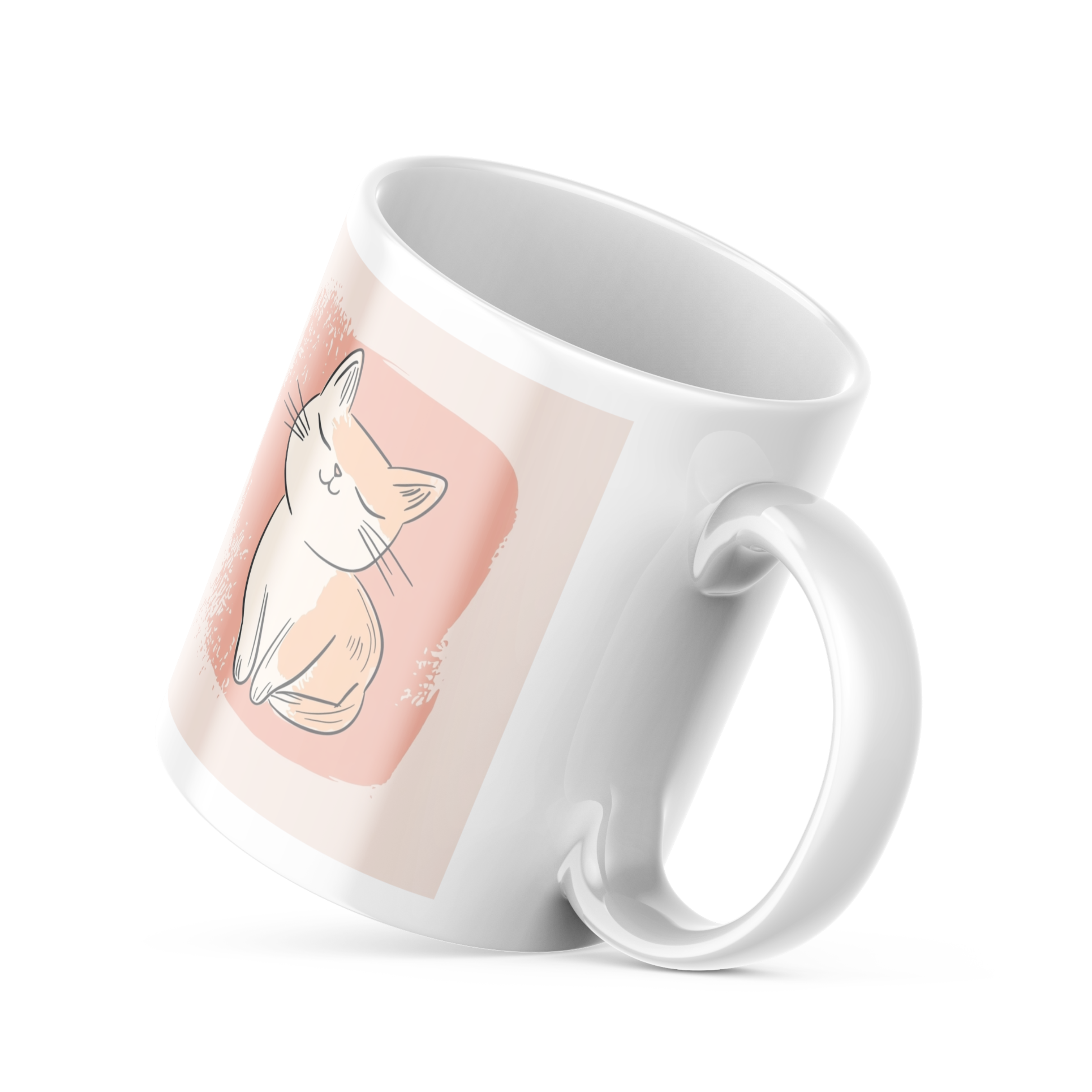 A set of ceramic coffee mugs with double-sided prints. One mug features a minimalist illustration of a cat on a beige background with a 'Good Morning' message and paw prints.