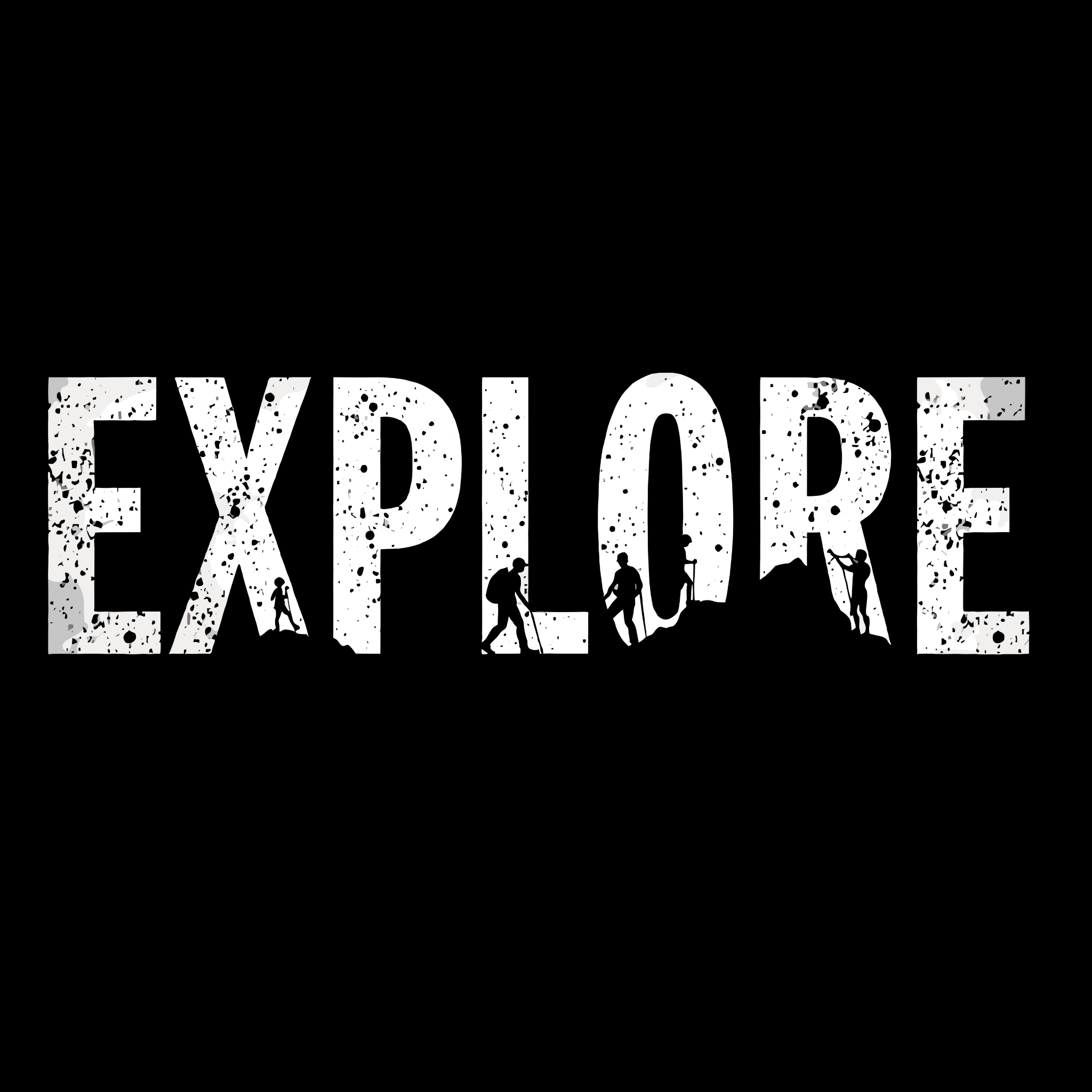 Black cotton t-shirt with the word 'EXPLORE' printed in white, along with silhouettes of hikers and explorers.