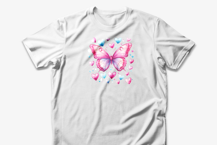 Butterfly and Hearts T-Shirt | Cute Nature Tee | Pastel Pink and Blue Design | Gift for Women and Girls | Artistic Butterfly Shirt