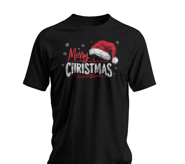 Black t-shirt with 'Merry Christmas' design featuring a Santa hat on a white background