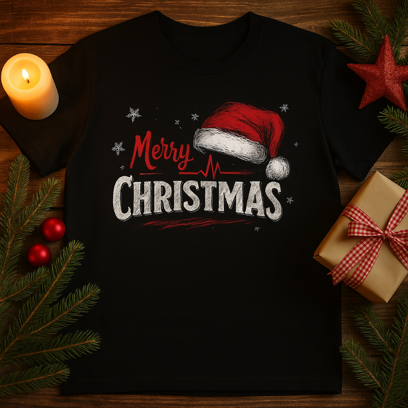 Black t-shirt with 'Merry Christmas' design featuring a Santa hat, surrounded by Christmas decorations on a wooden surface.