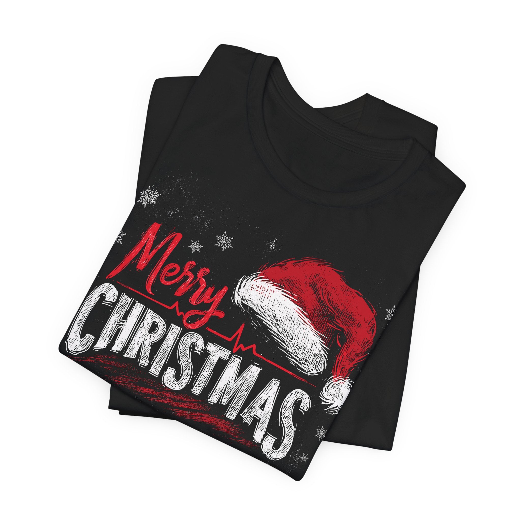 Black t-shirt with 'Merry Christmas' and Santa hat design on a white background