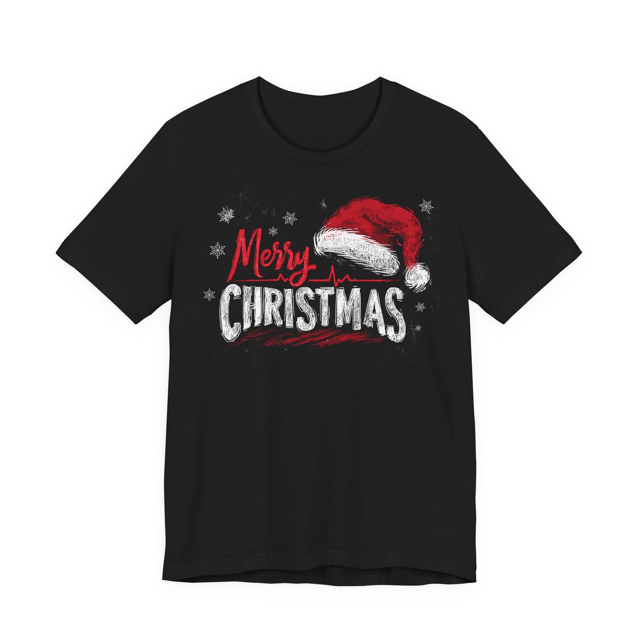 Black t-shirt with 'Merry Christmas' text and Santa hat graphic on a white background