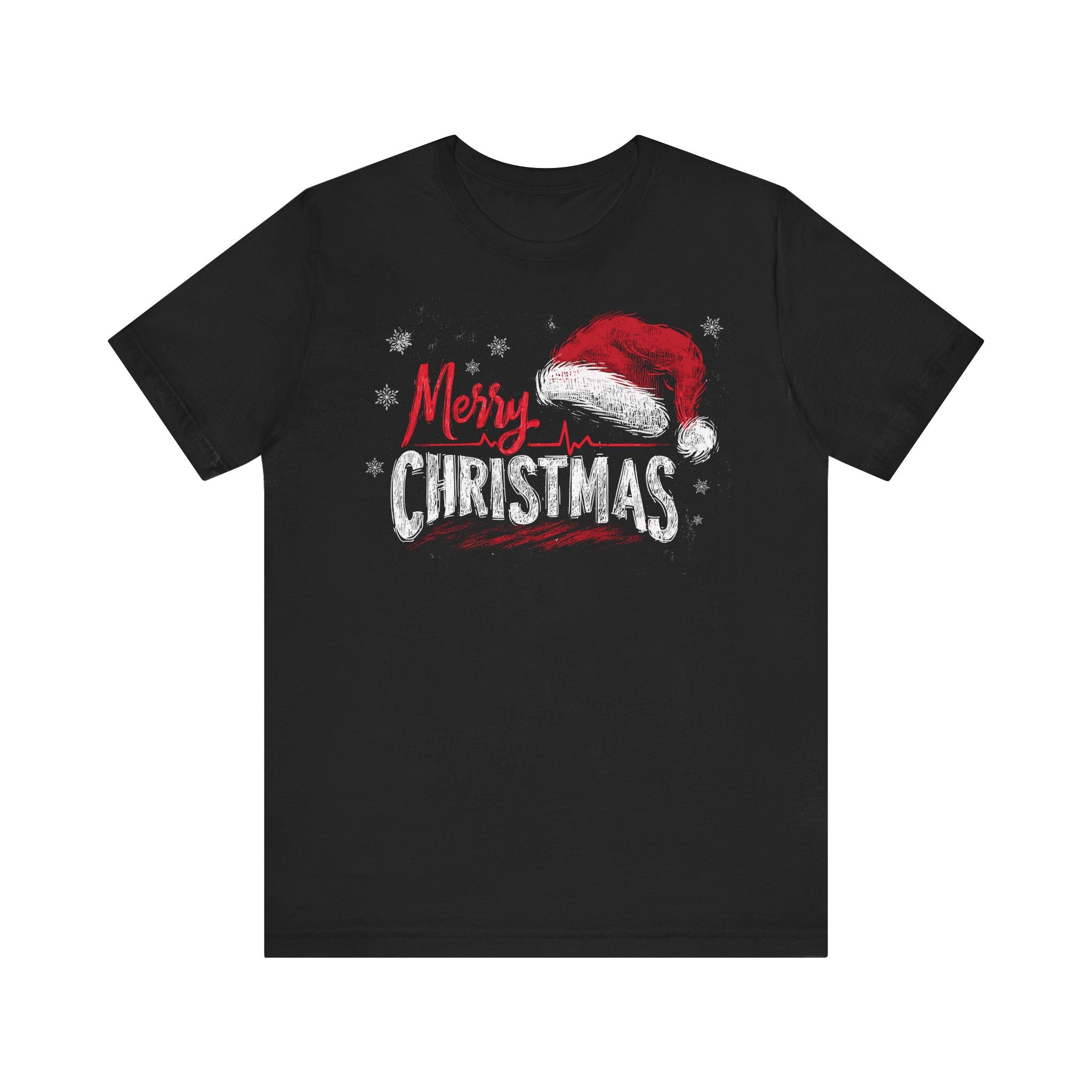 Black t-shirt with 'Merry Christmas' design featuring a Santa hat on a white background