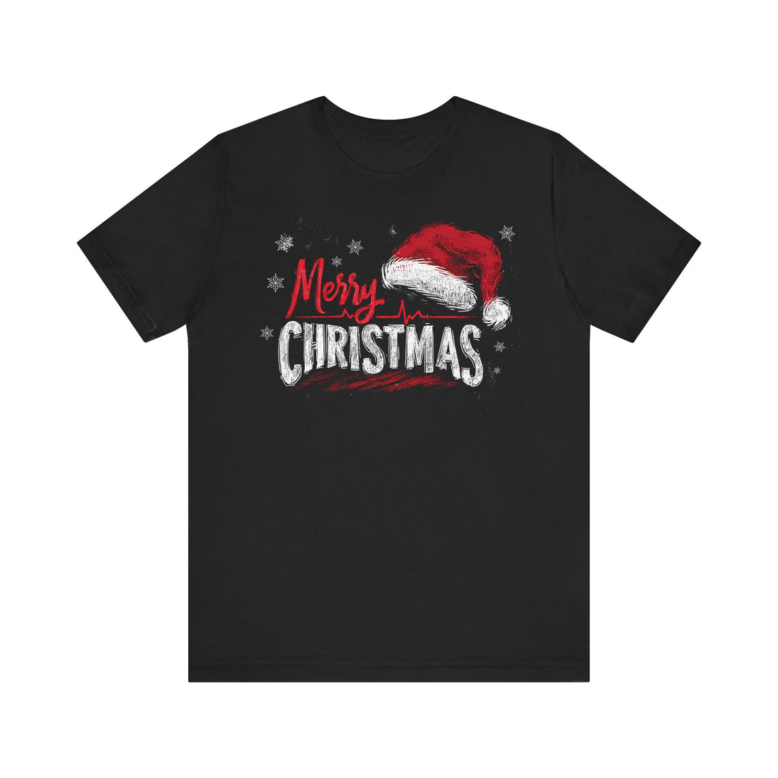 Black t-shirt with 'Merry Christmas' design featuring a Santa hat on a white background