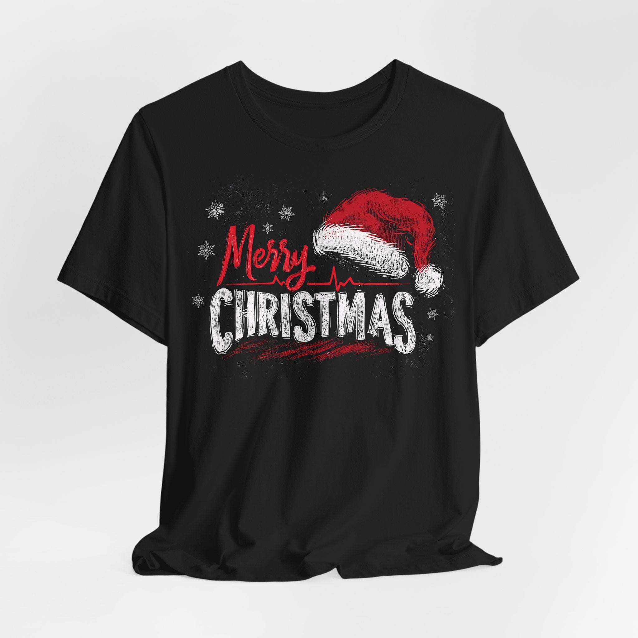 Black t-shirt with 'Merry Christmas' and Santa hat graphic on a white background