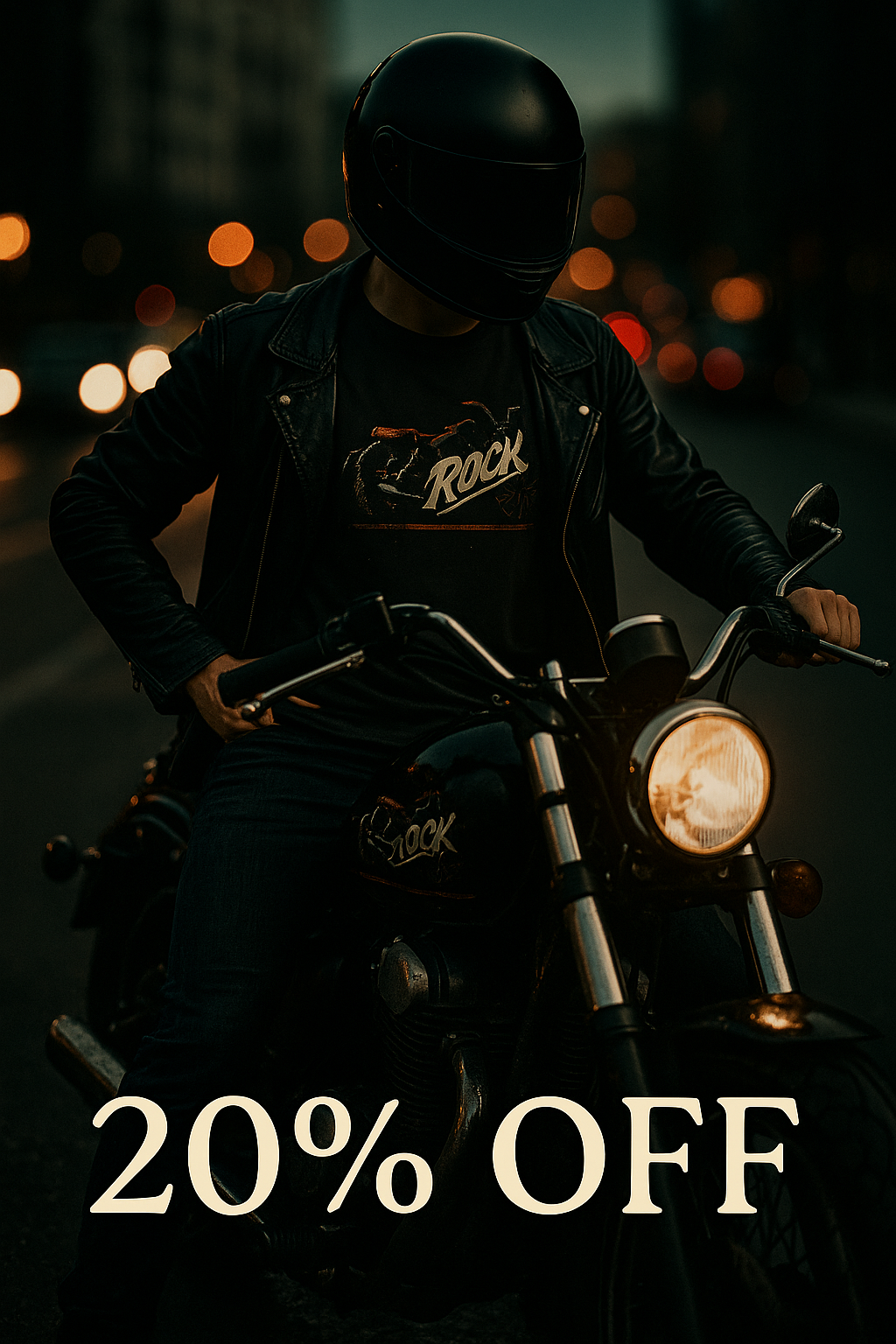 Person on a motorcycle wearing a helmet with a dark background and '20% OFF' text overlay.
