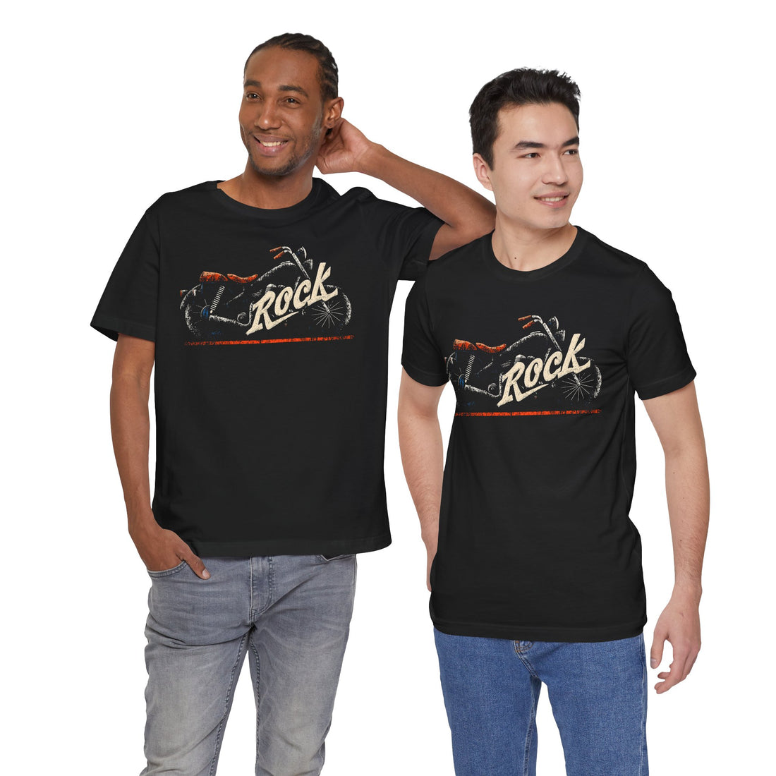 Two men wearing black t-shirts with a graphic design and the word 'Rock'.