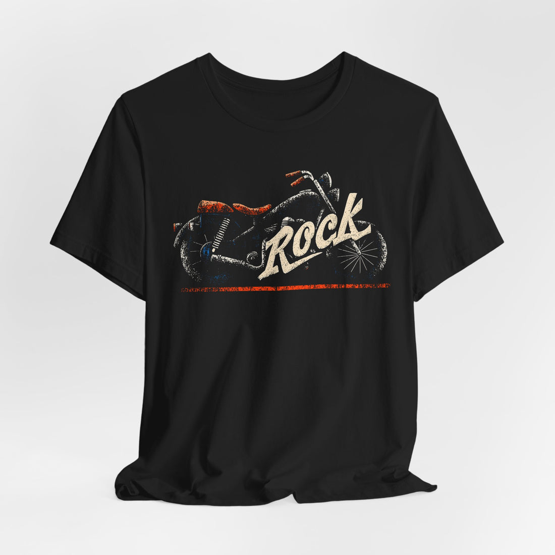 Black t-shirt with a graphic design of a motorcycle and the word 'Rock' on a white background