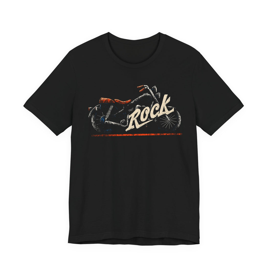 Black t-shirt with a graphic design and the word 'Rock' on a white background