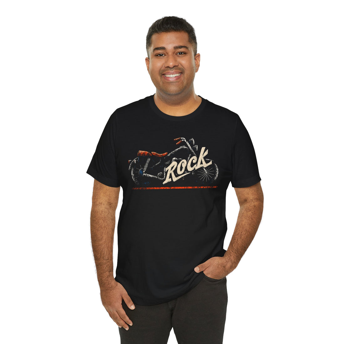Man wearing a black t-shirt with a graphic design on a white background