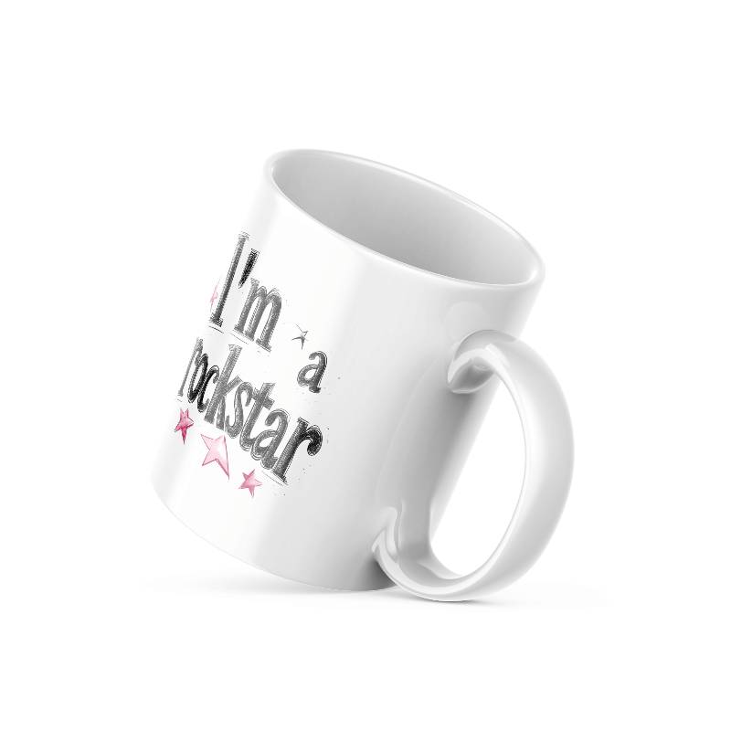 Two ceramic mugs side by side, one with the phrase 'I'm a Rockstar' and stars, the other with 'Good Morning' and a sun graphic, both in black, white, pink, and yellow.