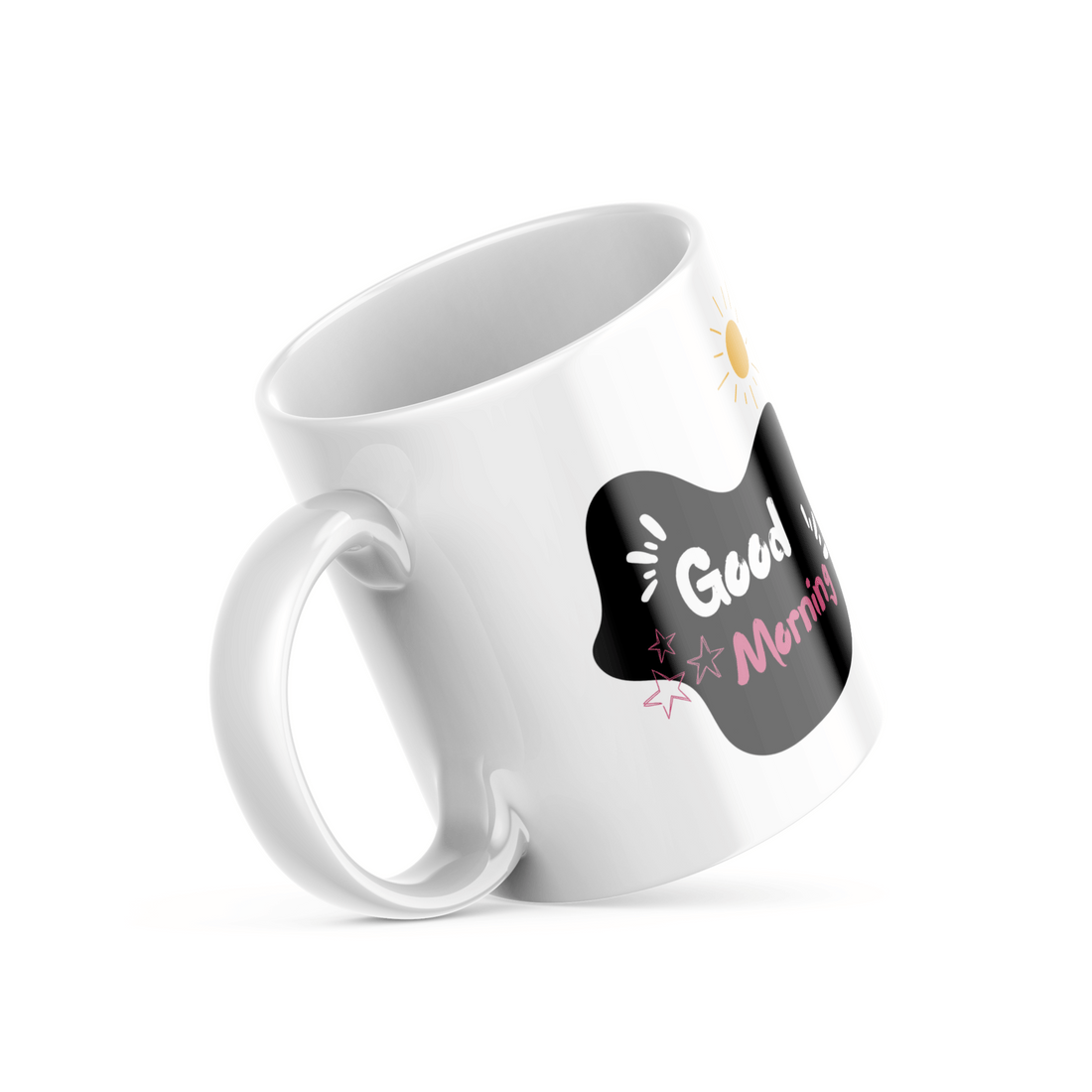 Two ceramic mugs side by side, one with the phrase 'I'm a Rockstar' and stars, the other with 'Good Morning' and a sun graphic, both in black, white, pink, and yellow.