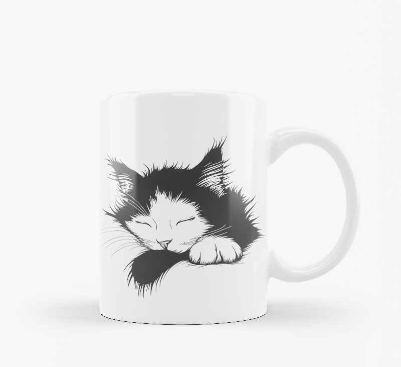 Two ceramic mugs, one with a 'Good Morning' design featuring paw prints and a sun, and the other with a black and white sleeping kitten design.