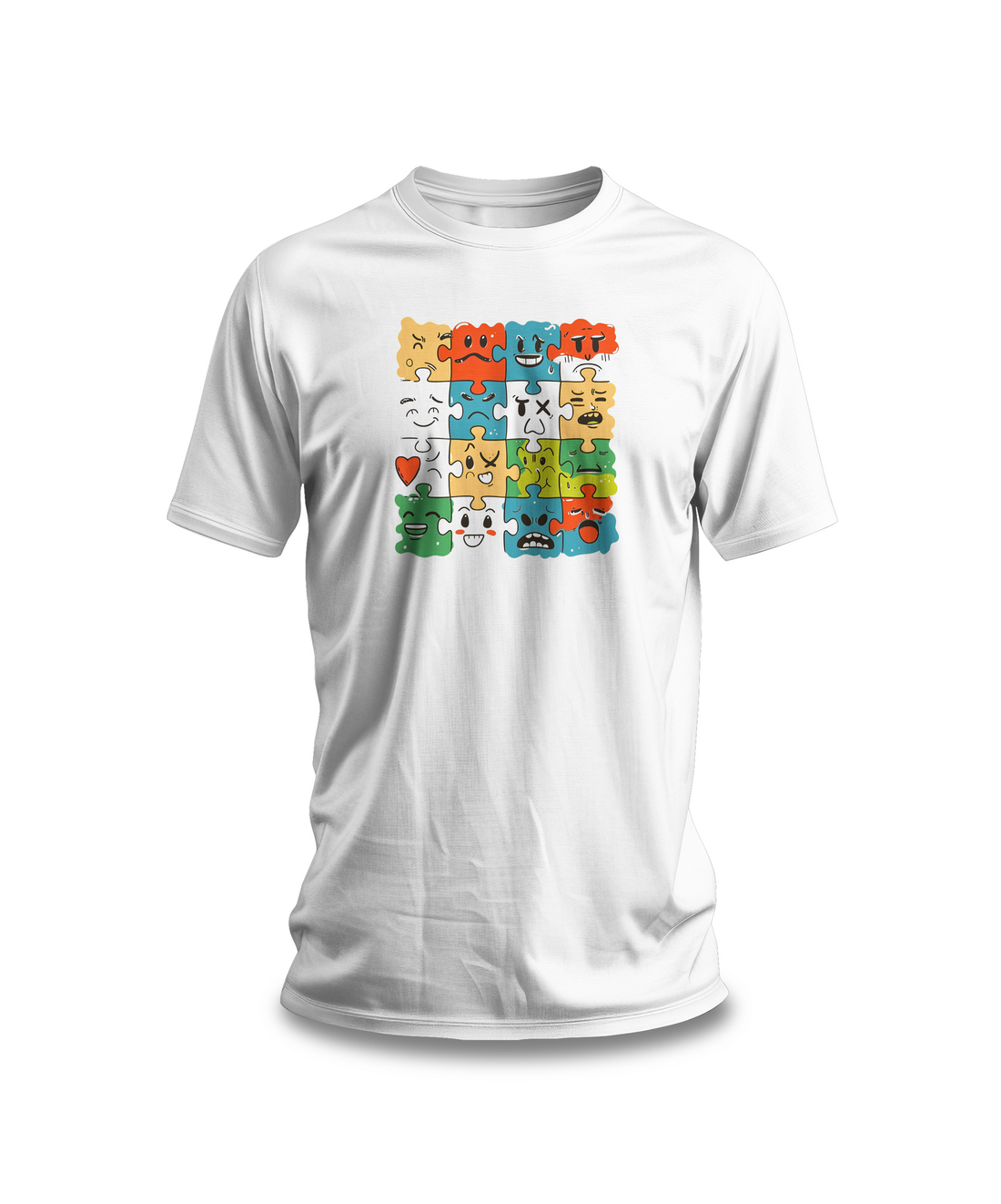 Colorful Puzzle Face Expression T-Shirt – Fun and Unique Graphic Tee for All Ages