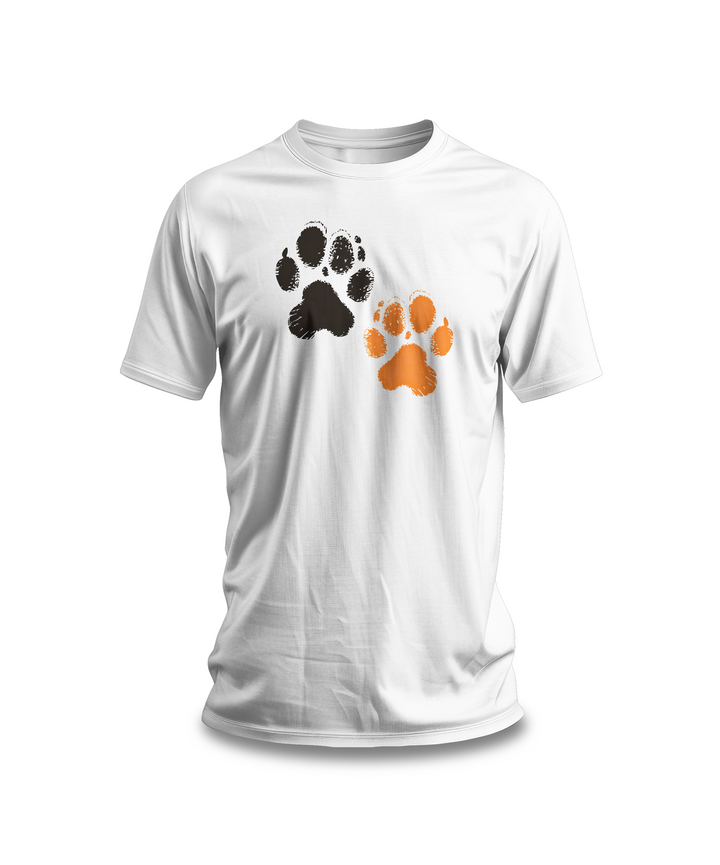 Paw Print T-Shirt | White Cotton Tee with Black and Orange Paw Design | Stylish and Comfortable Unisex Shirt for Animal Lovers