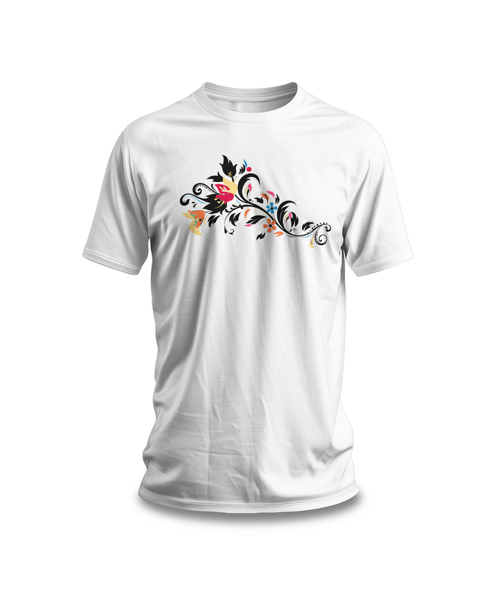 Floral Swirl T-Shirt | White Cotton Tee with Elegant Multicolor Flower Design | Stylish and Comfortable Unisex Shirt for Nature Lovers