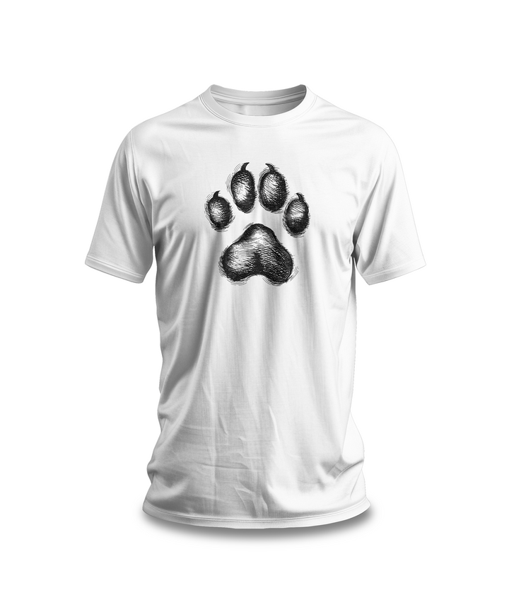 Paw Print T-Shirt | White Cotton Tee with Detailed Black Paw Design | Stylish and Comfortable Unisex Shirt for Animal Lovers