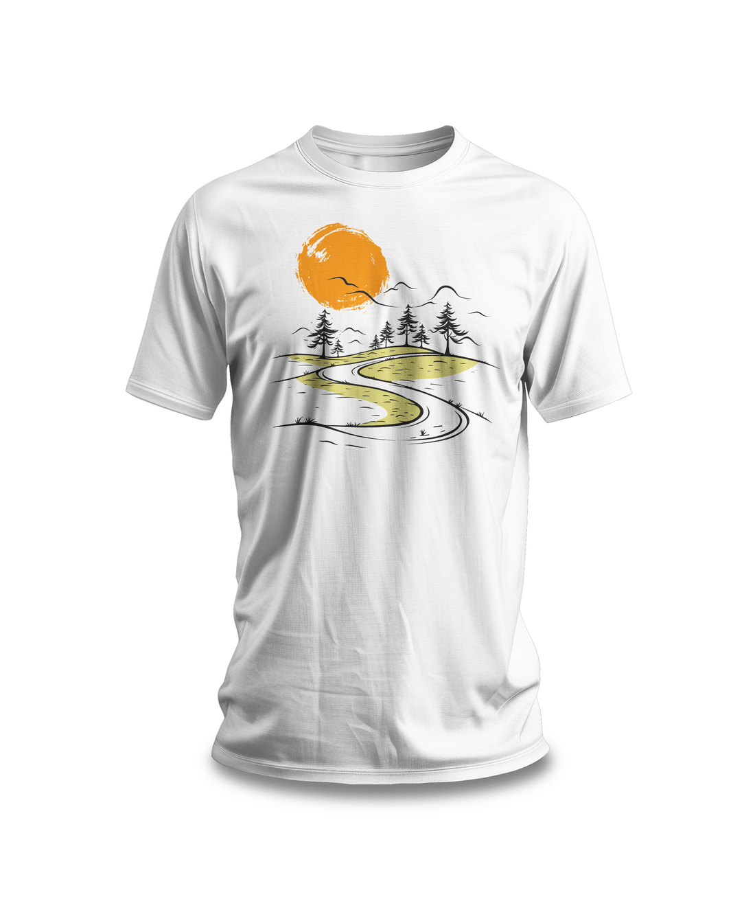 Sunset Landscape T-Shirt | White Cotton Tee with Artistic Nature Design | Comfortable and Stylish Unisex Shirt for Outdoor Enthusiasts