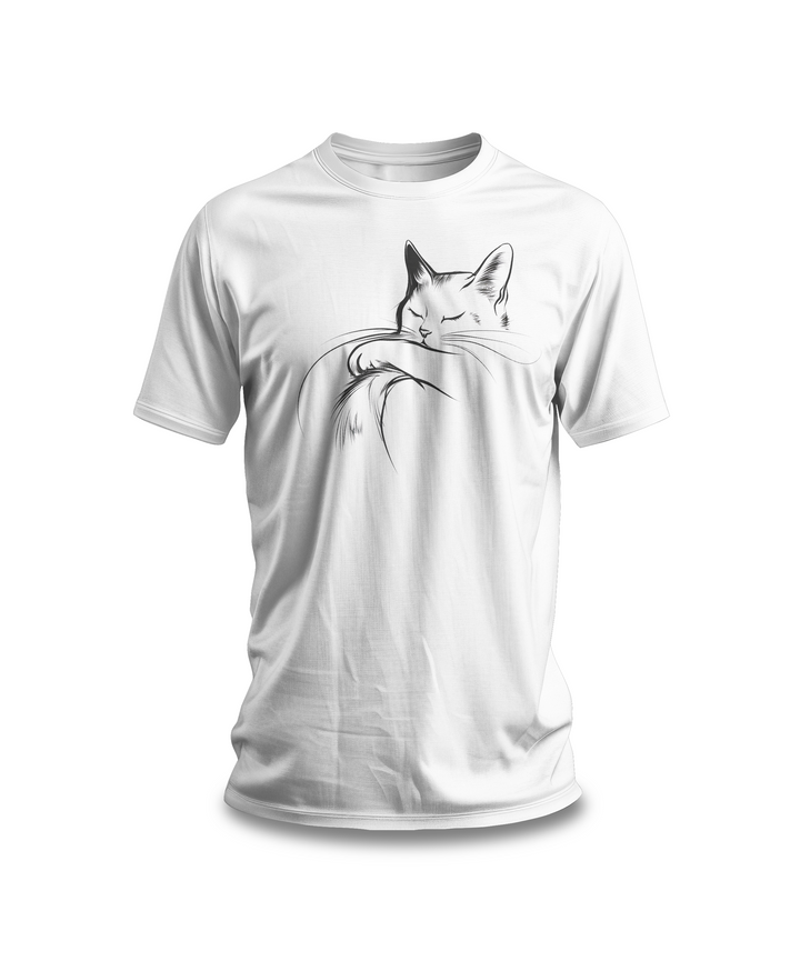 Sleeping Cat Line Art T-Shirt | White Cotton Tee with Minimalist Cat Design | Stylish and Comfortable Unisex Shirt for Cat Lovers