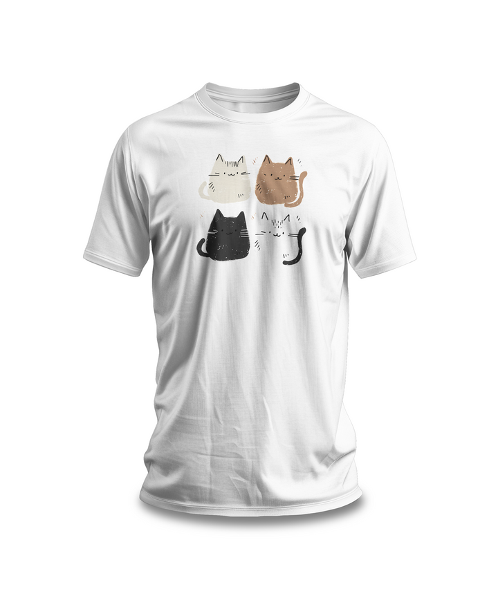 Cute Cat Faces T-Shirt | White Cotton Tee with Adorable Multicolor Cat Design | Stylish and Comfortable Unisex Shirt for Cat Lovers