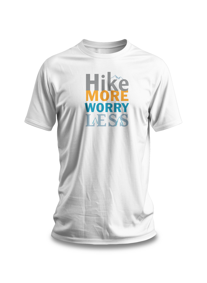 Hike-More-Worry-Less-T-Shirt - Adventure-Outdoor-Tee - Hiking-Motivation-Shirt - Nature-Lover-Apparel - Trail-Walking-Tee - White-Cotton-Unisex-Shirt - Explorer-Gift