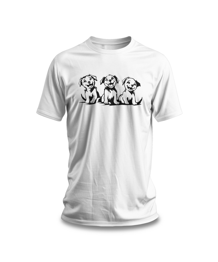 Three Puppies T-Shirt | White Cotton Tee with Adorable Dog Illustration | Stylish and Comfortable Unisex Shirt for Dog Lovers